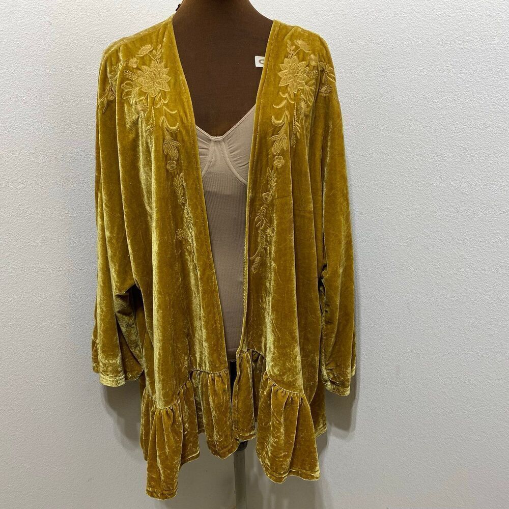Suzanne Betro Gold Velvet Floral Embroidered Open Cardigan Size 3XL